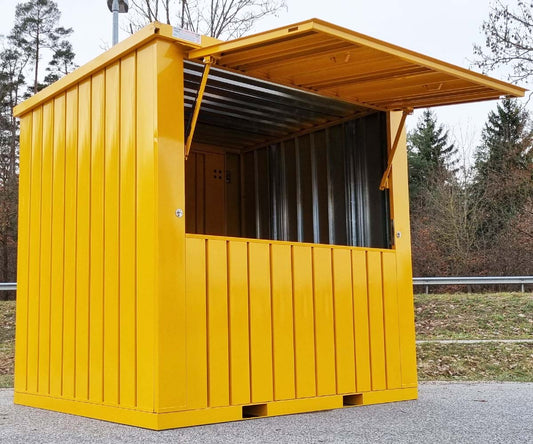 2m XXL Kiosk Container RAL 1028 Melonengelb mit großer Verkaufsklappe & Doppeltür