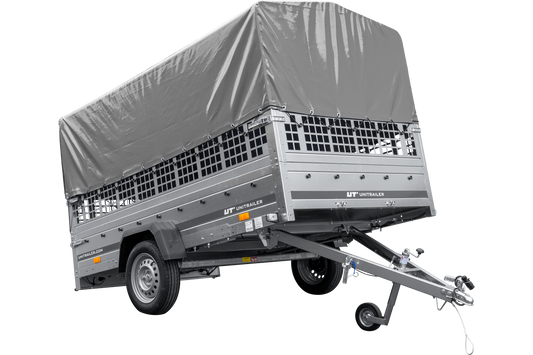 PKW-Anhänger 264x150 UNITRAILER GARDEN 265 KIPP mit Gitteraufsatz, Hochspriegel H-800 und grauer Plane