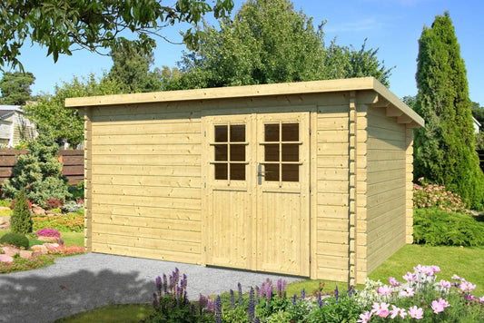 Pultdach-Gartenhaus Osten ISO + Dachrinne